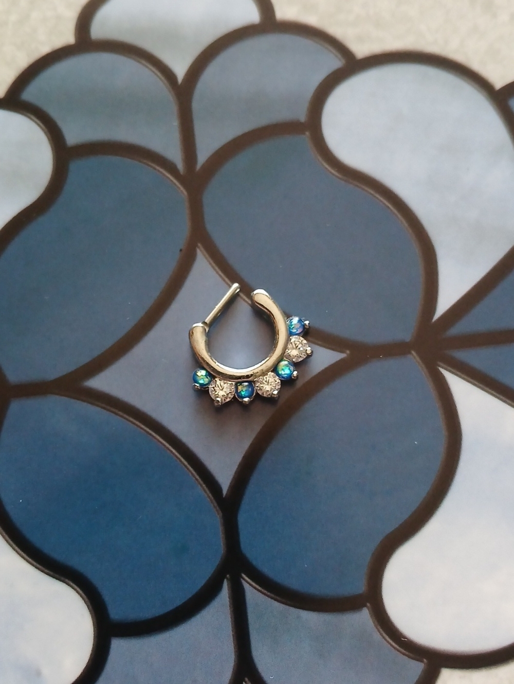 16g Septum Clicker Ring With Blue Faux Opal